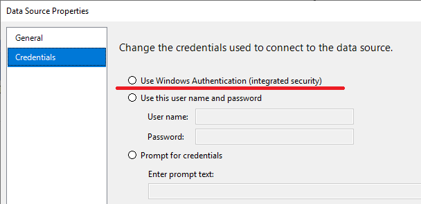 Data source credentials beállítás